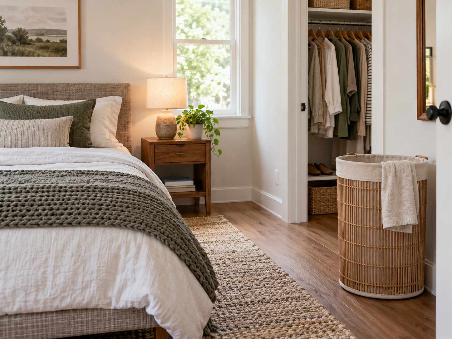 Defined laundry hamper near a changing area