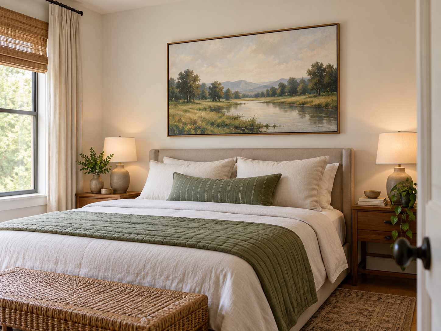 Single substantial artwork in a small bedroom
