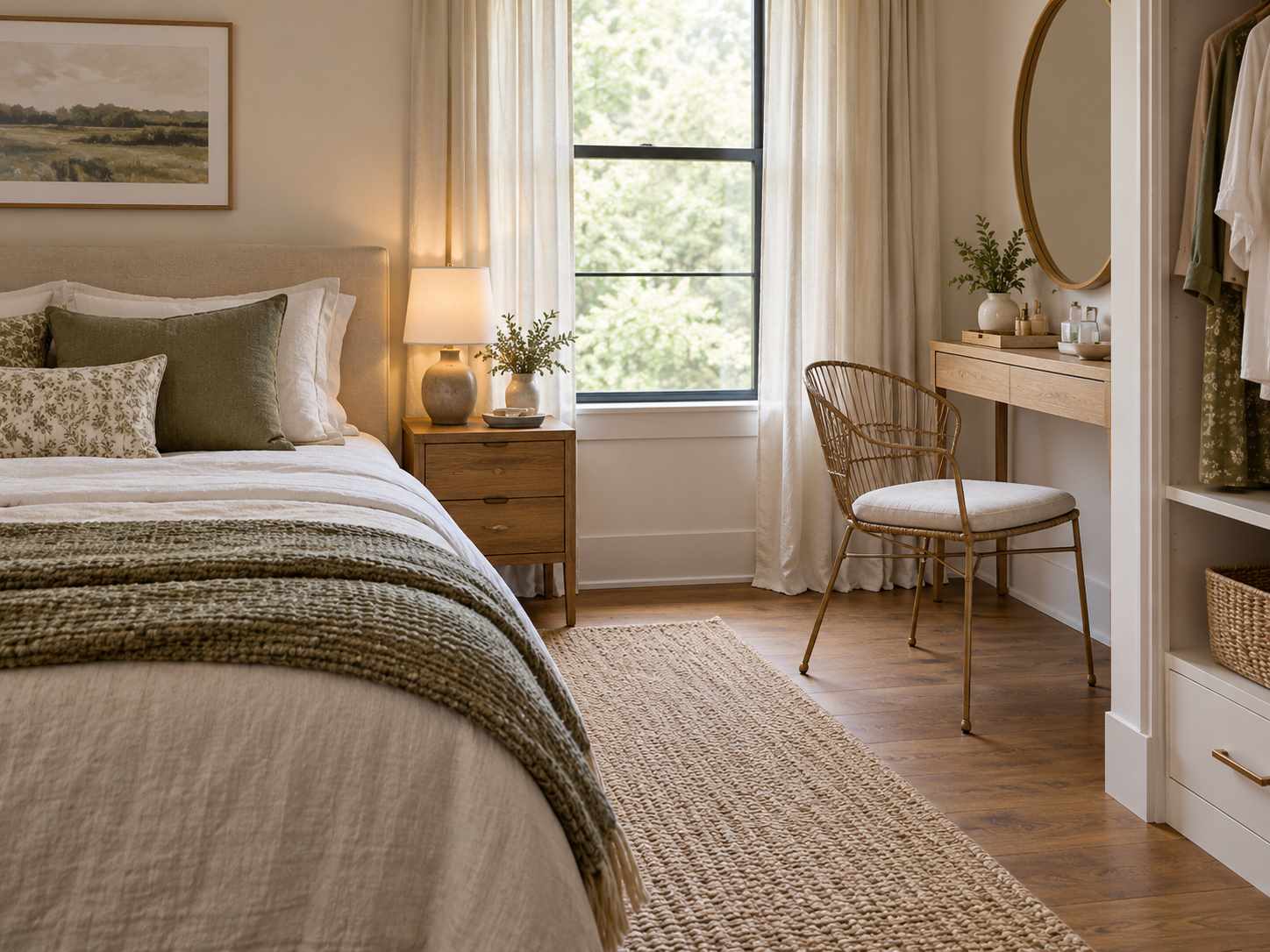 Light-looking chair near a clear bedroom route