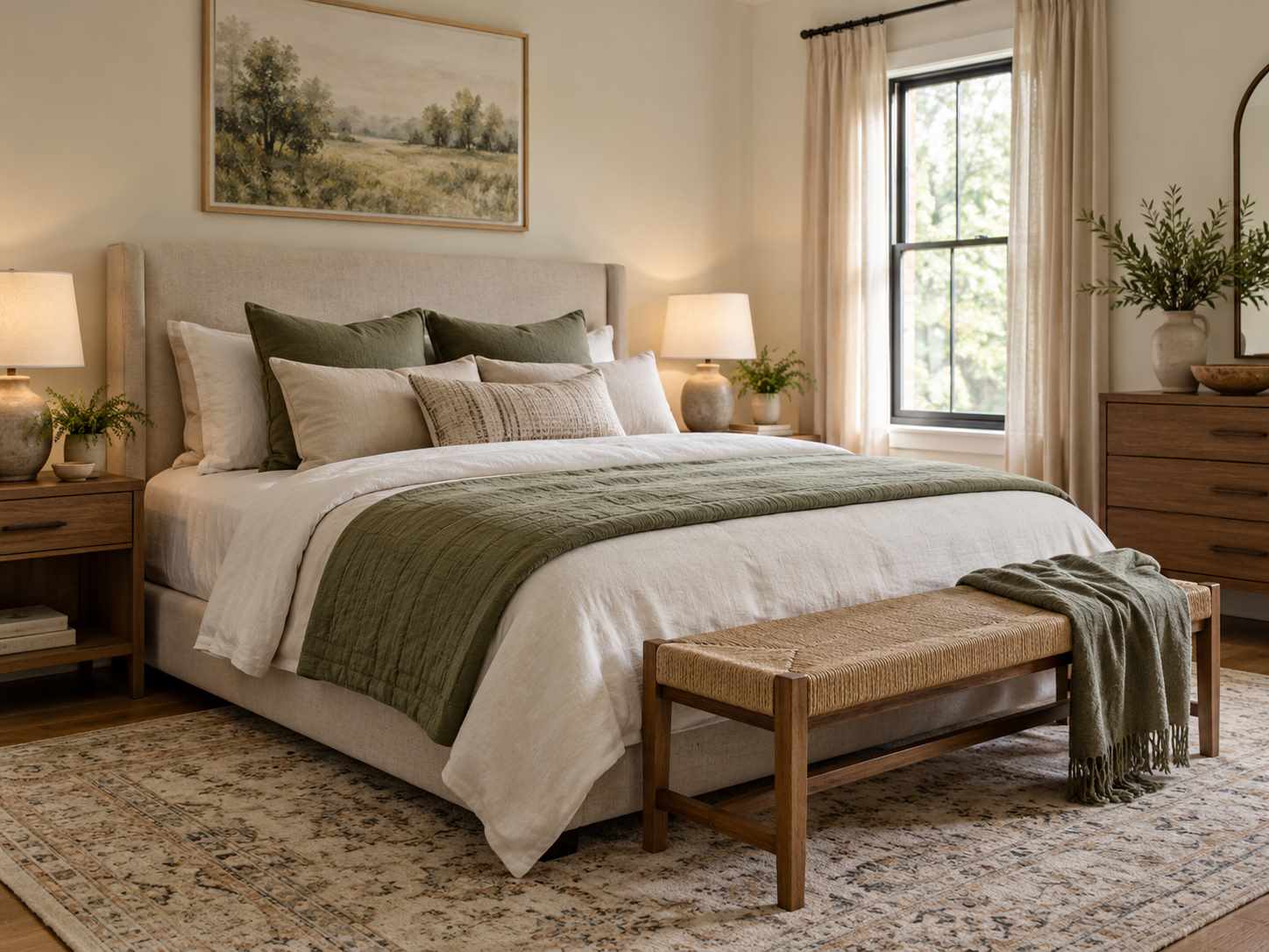 Clear bedroom palette built around existing pieces