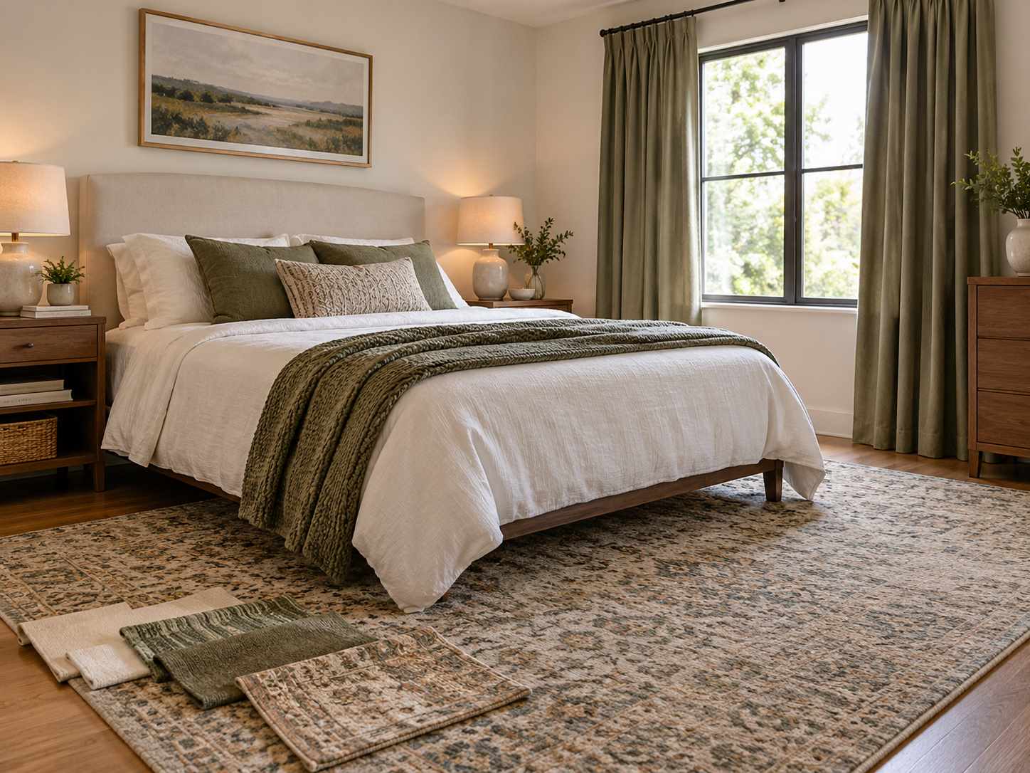 Substantial textile samples beside a bedroom scheme