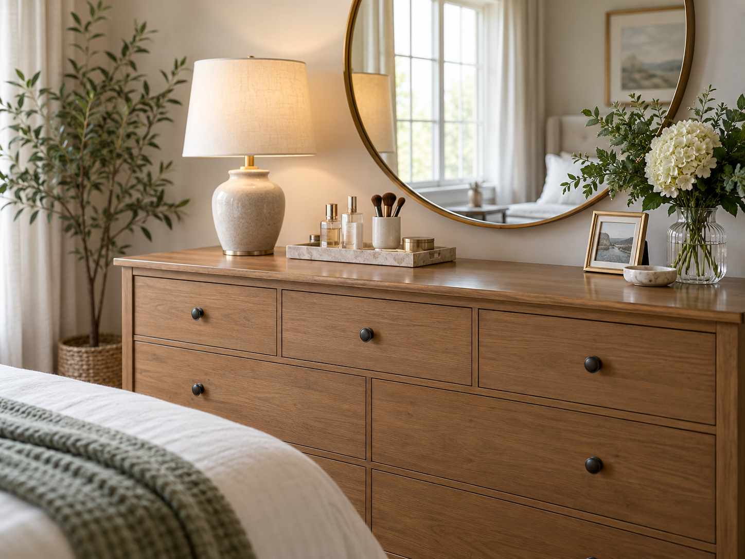 Purposeful arrangement on a bedroom dresser