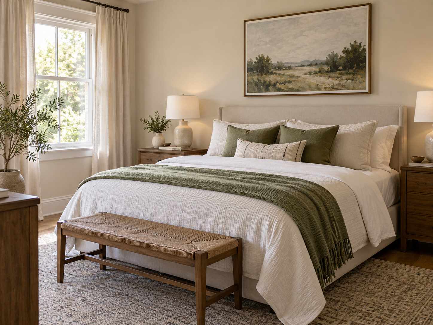 Muted accent repeated in bedroom textiles