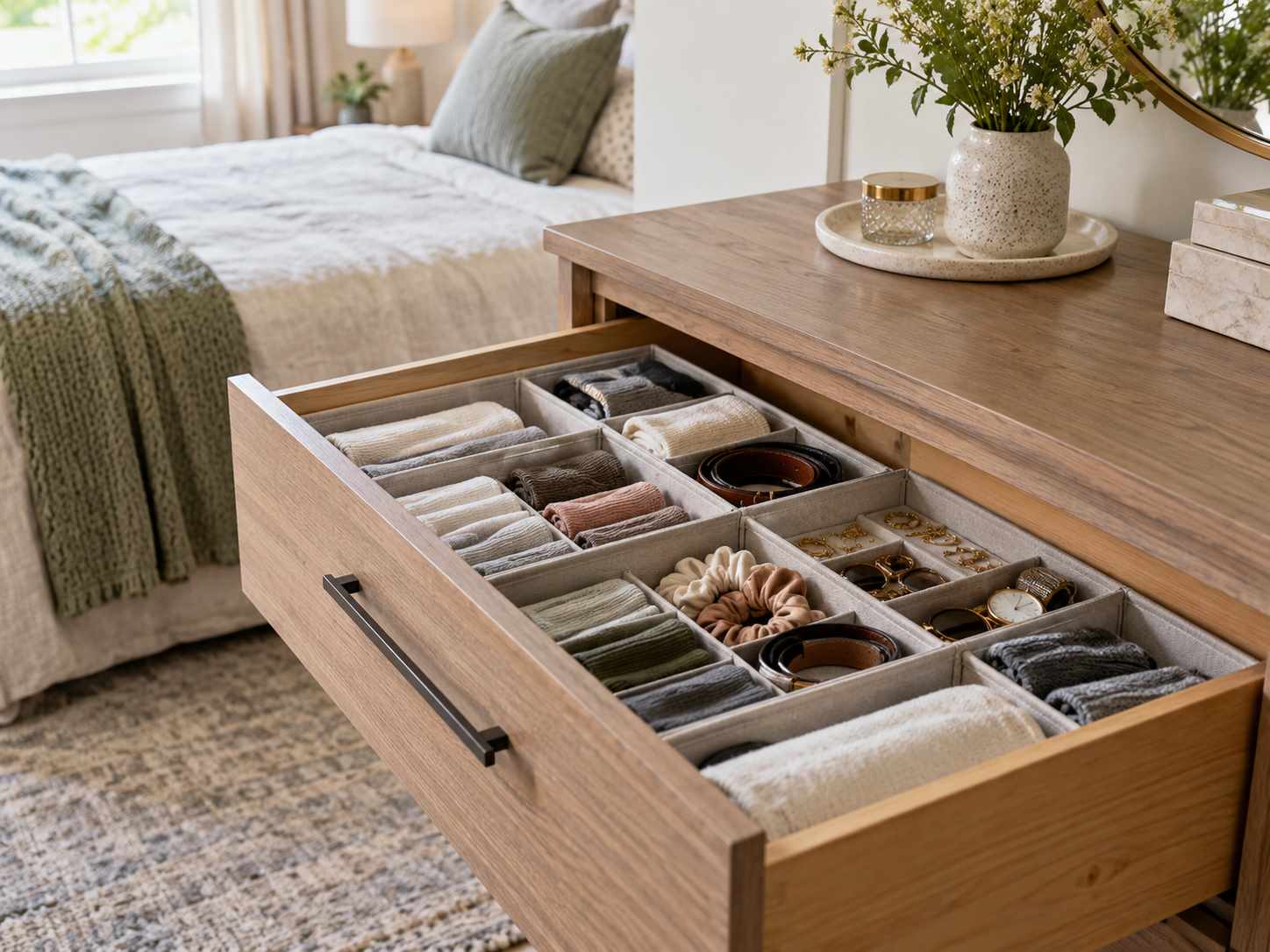 Useful dividers inside a bedroom drawer