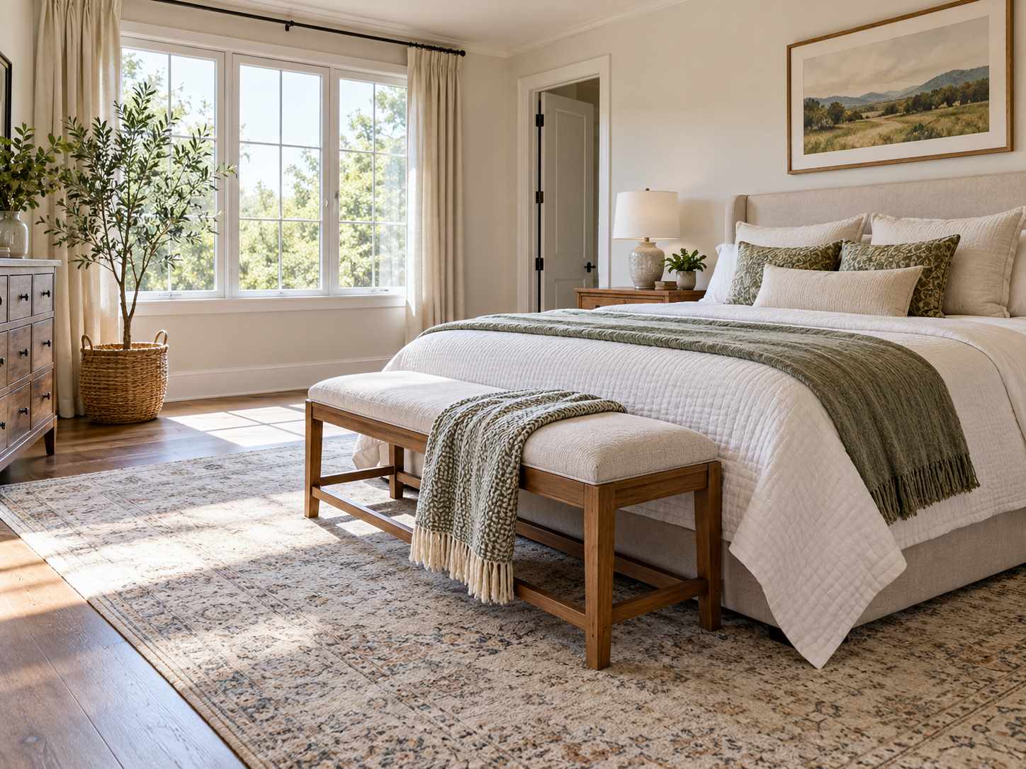 Clear foot-of-bed area with a compact bench