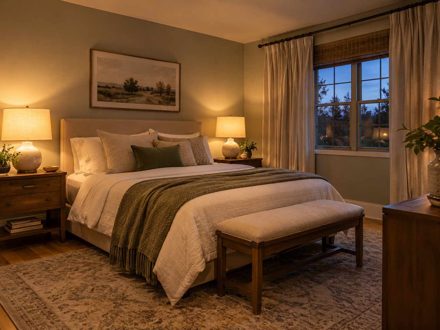 Bedroom reviewed in warm evening lamplight