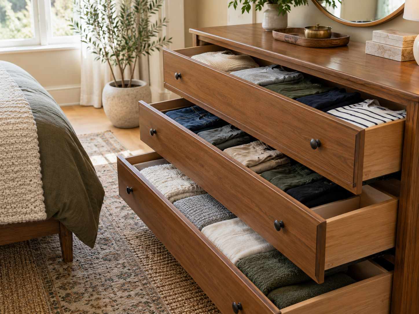 Dresser drawers divided by clothing category