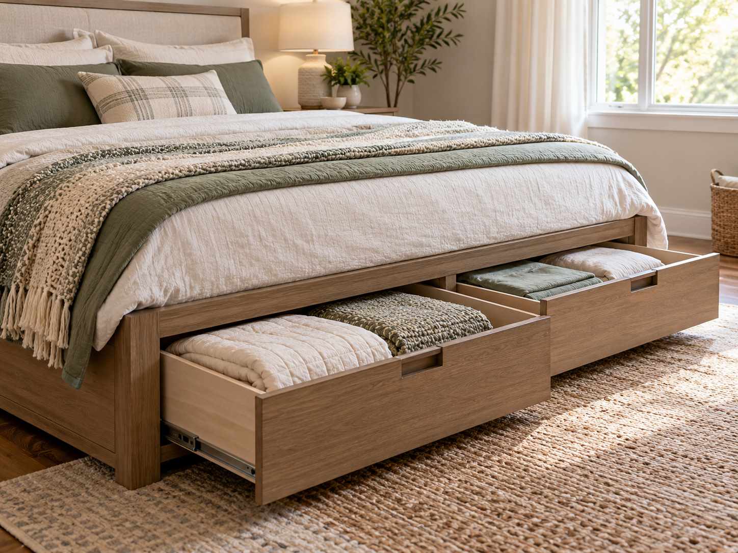 Bed drawers holding spare bedding