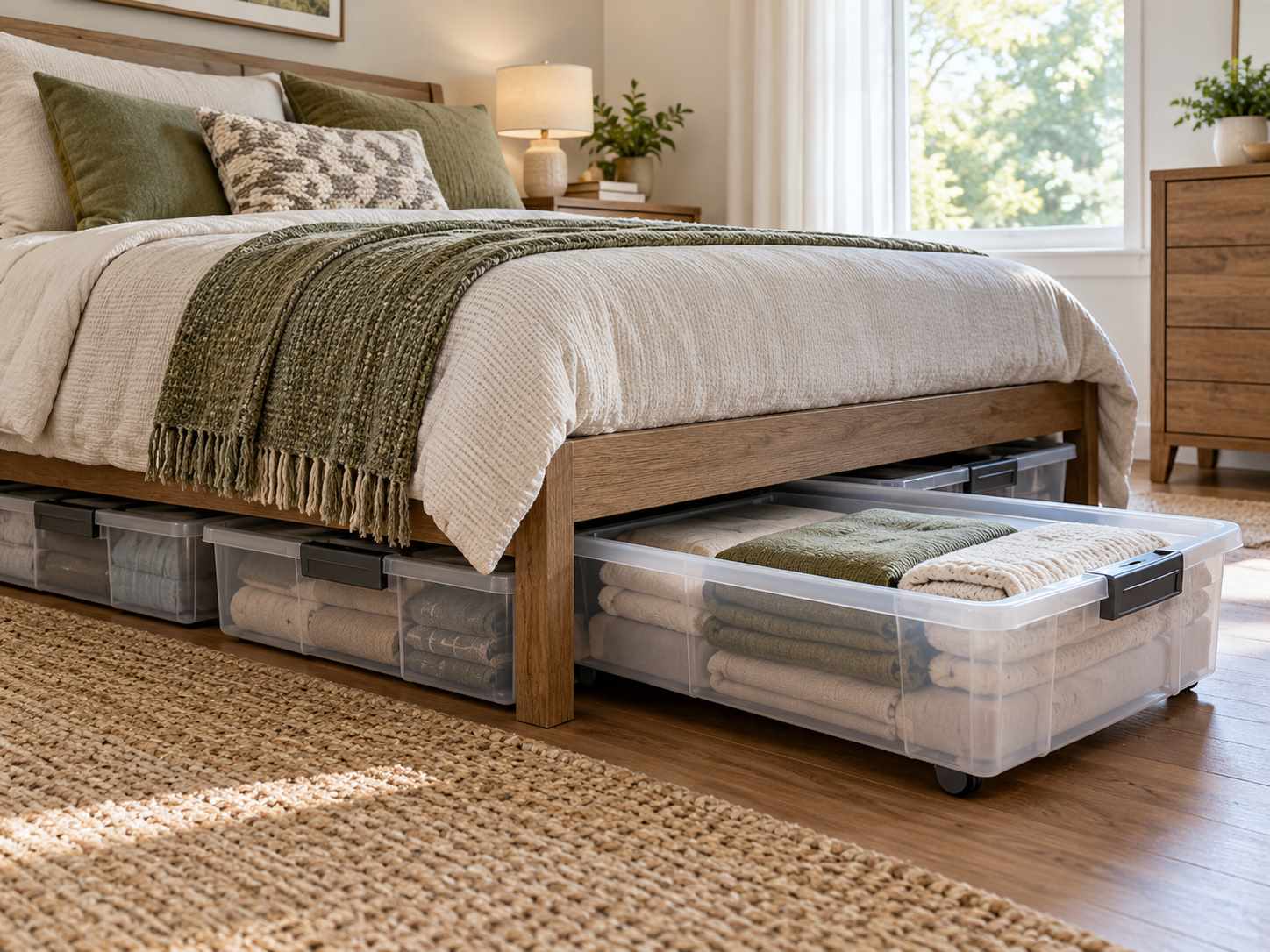 Measured boxes sliding beneath a bed