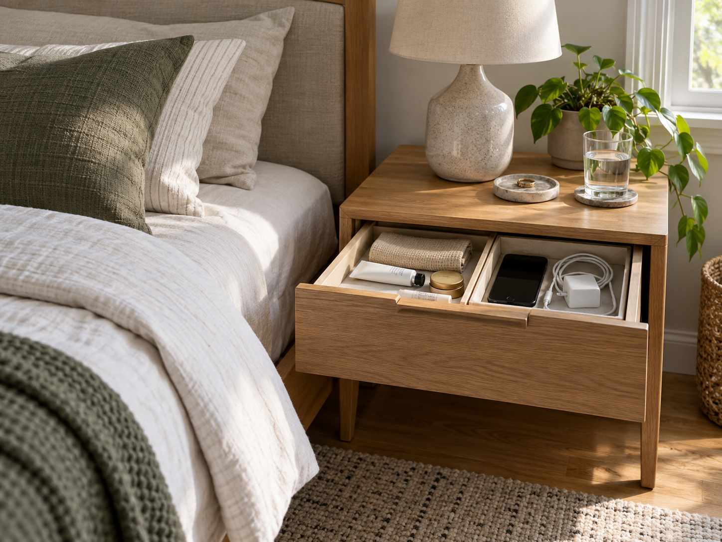 Limited night-time essentials in a bedside drawer