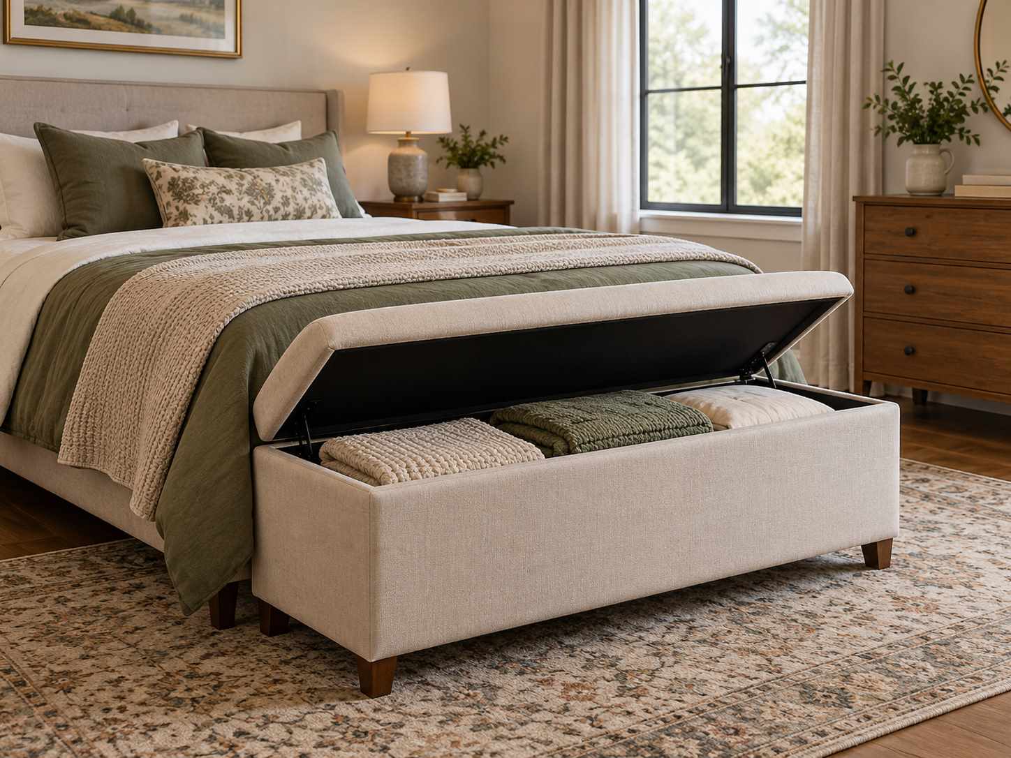 Upholstered bench with internal textile storage