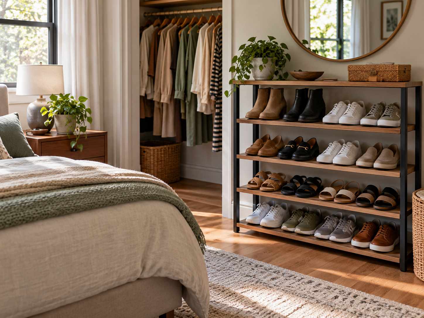 Shoes stored in visible organized rows