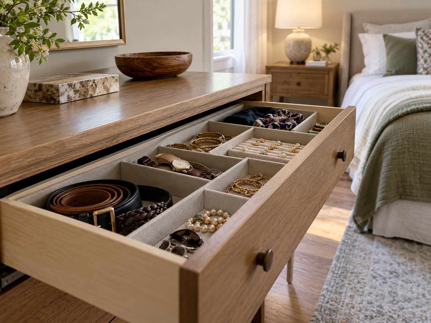 Shallow accessories drawer with useful dividers