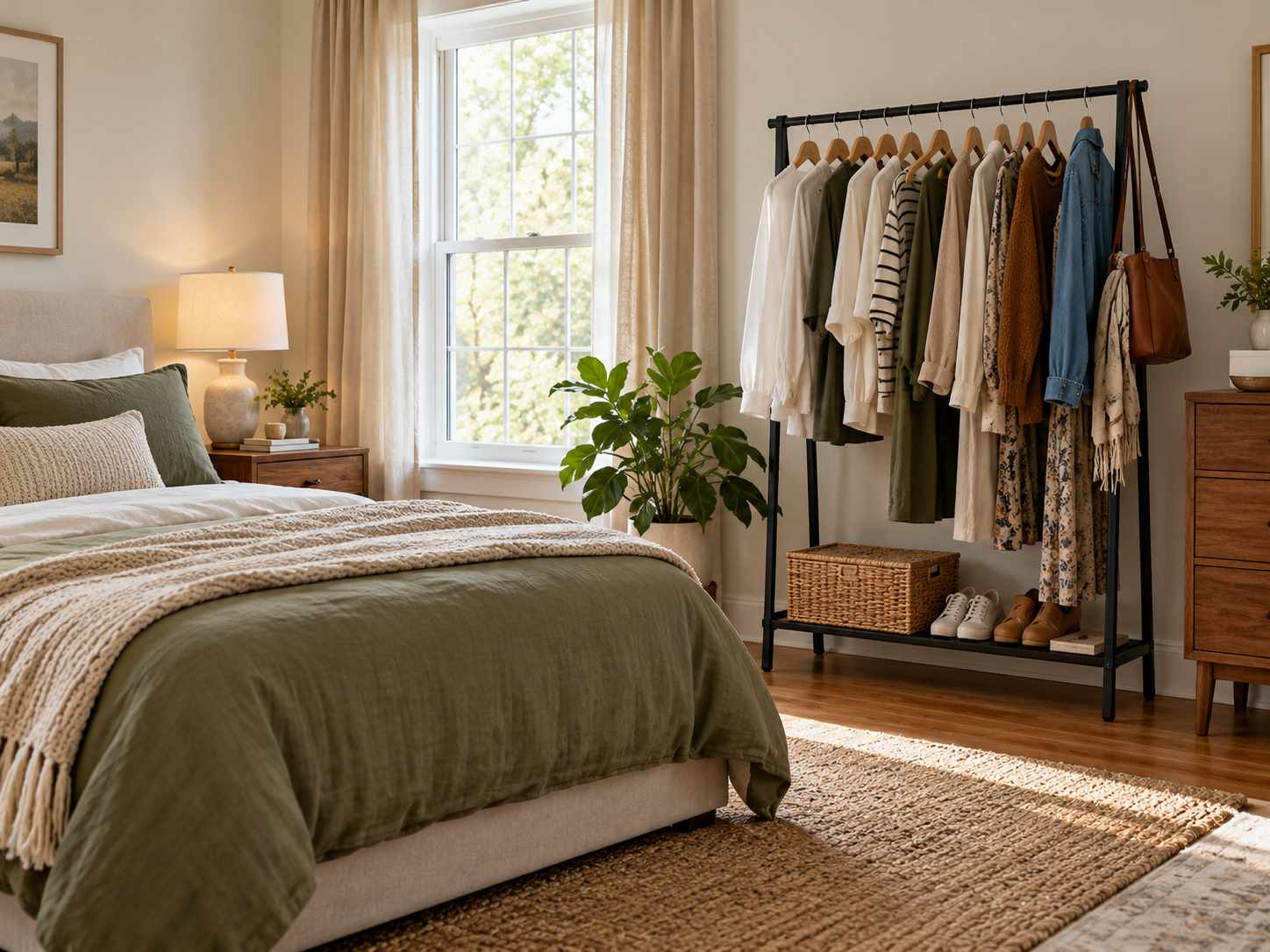 Freestanding clothing rail holding a limited selection