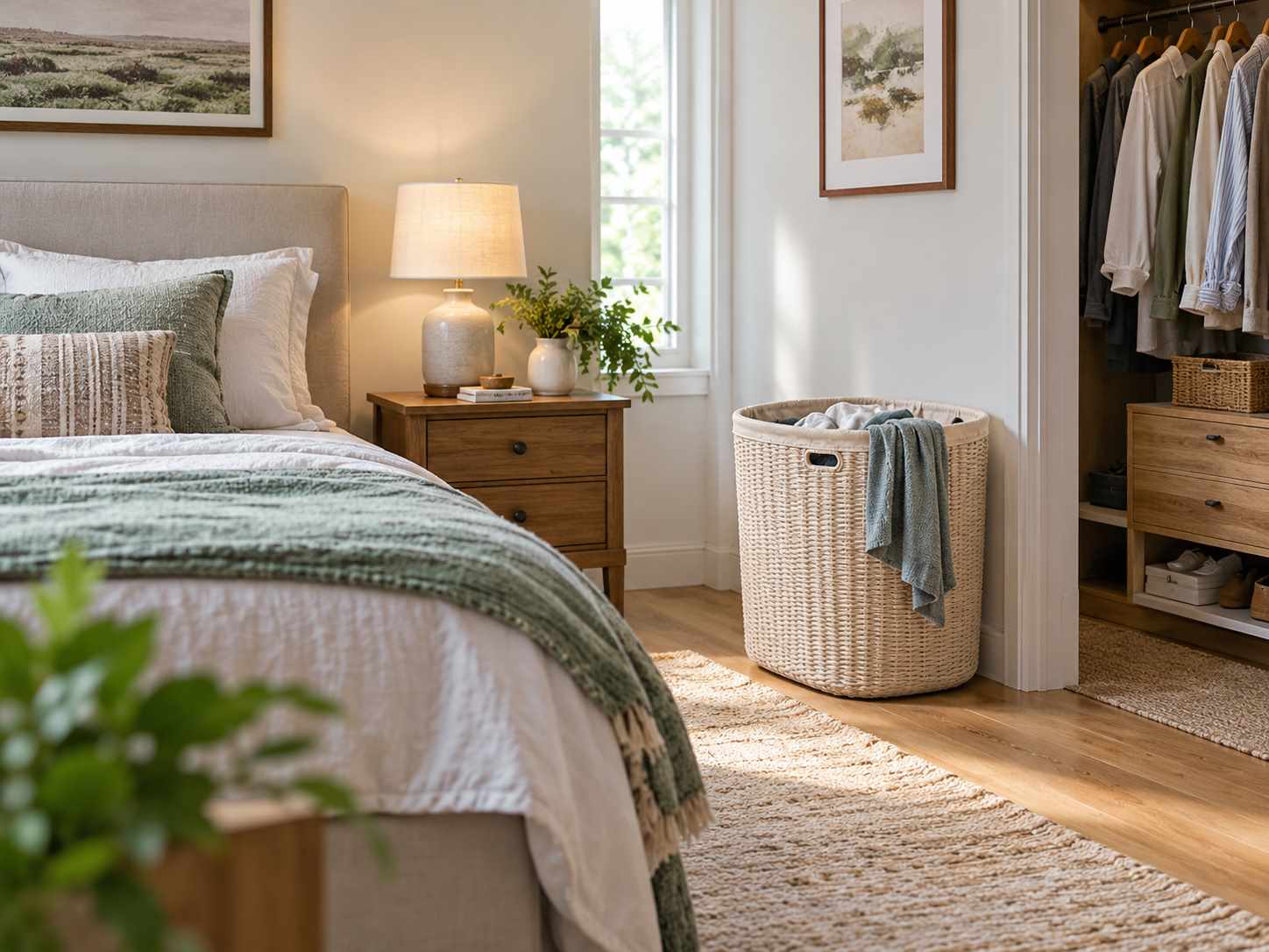 Laundry hamper near the bedroom changing area