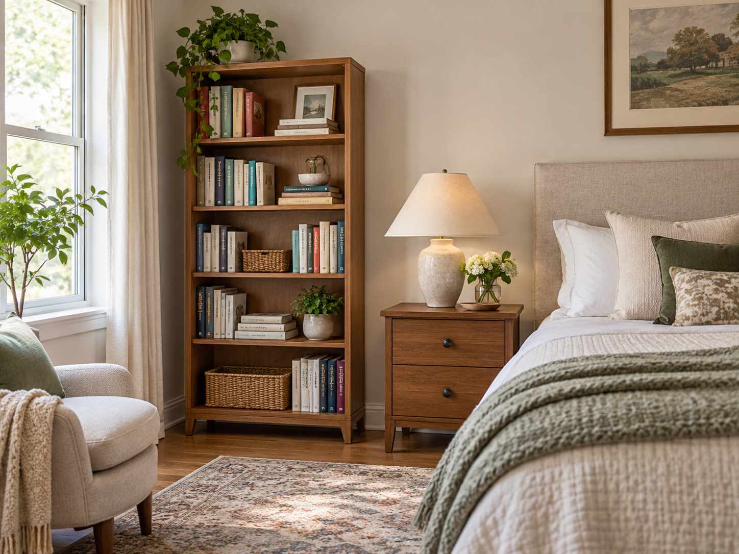 Small bookcase holding bedroom reading material