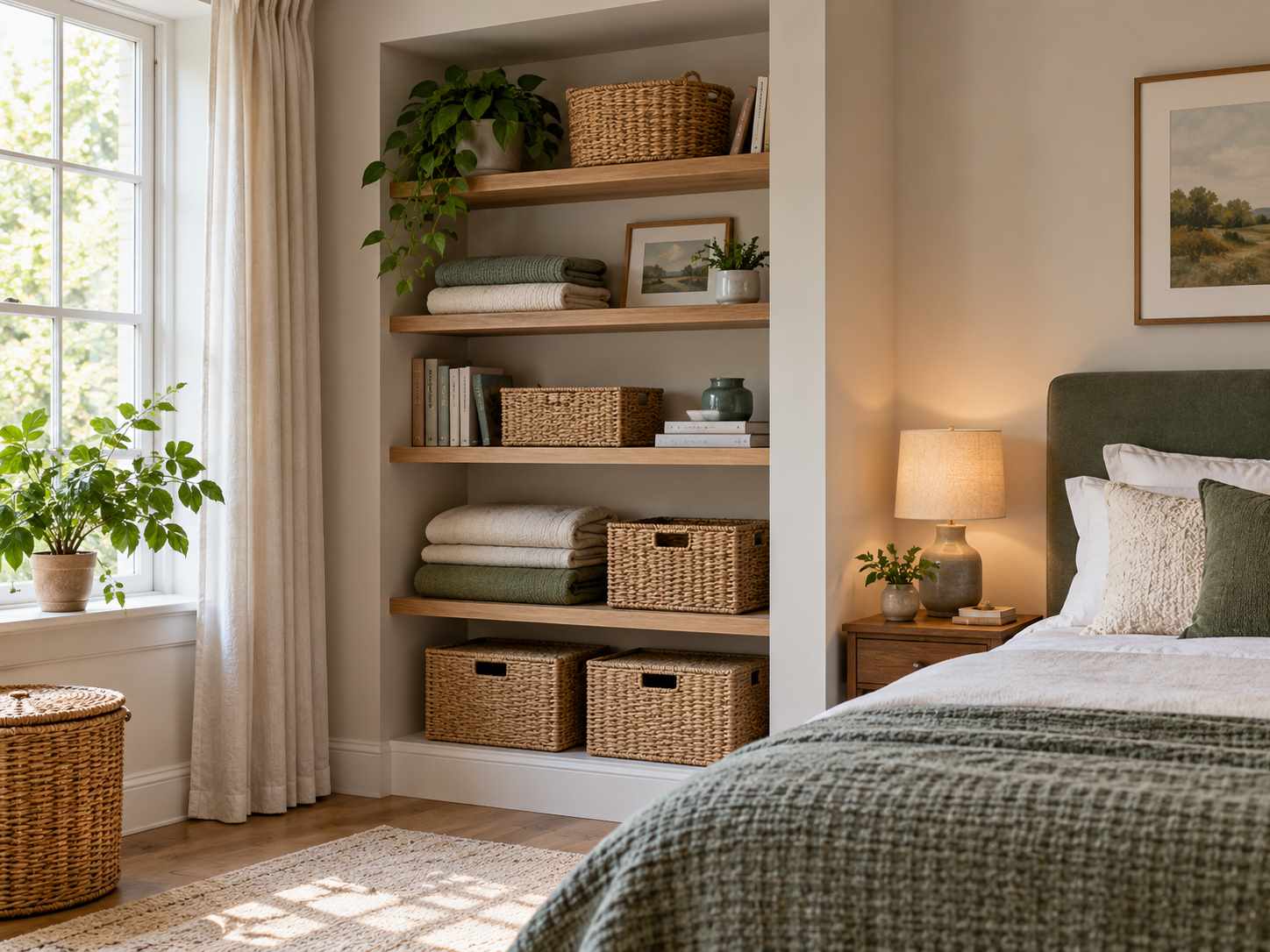 Measured shelving fitted into a bedroom alcove