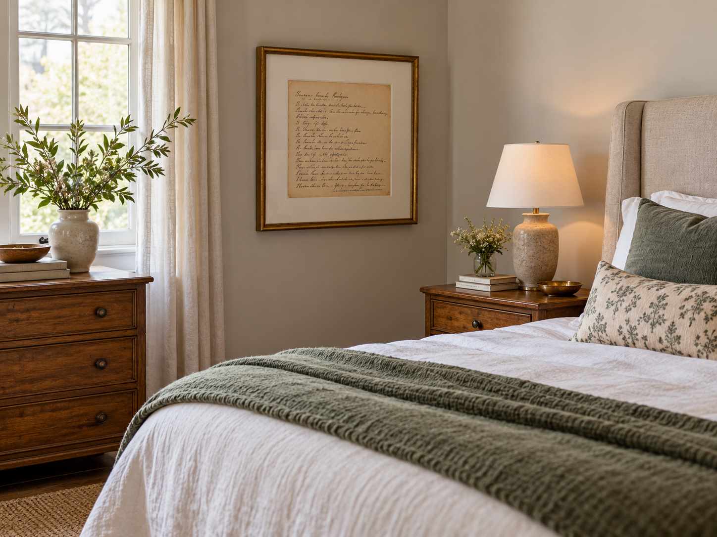 Framed handwritten-style keepsake on a bedroom wall