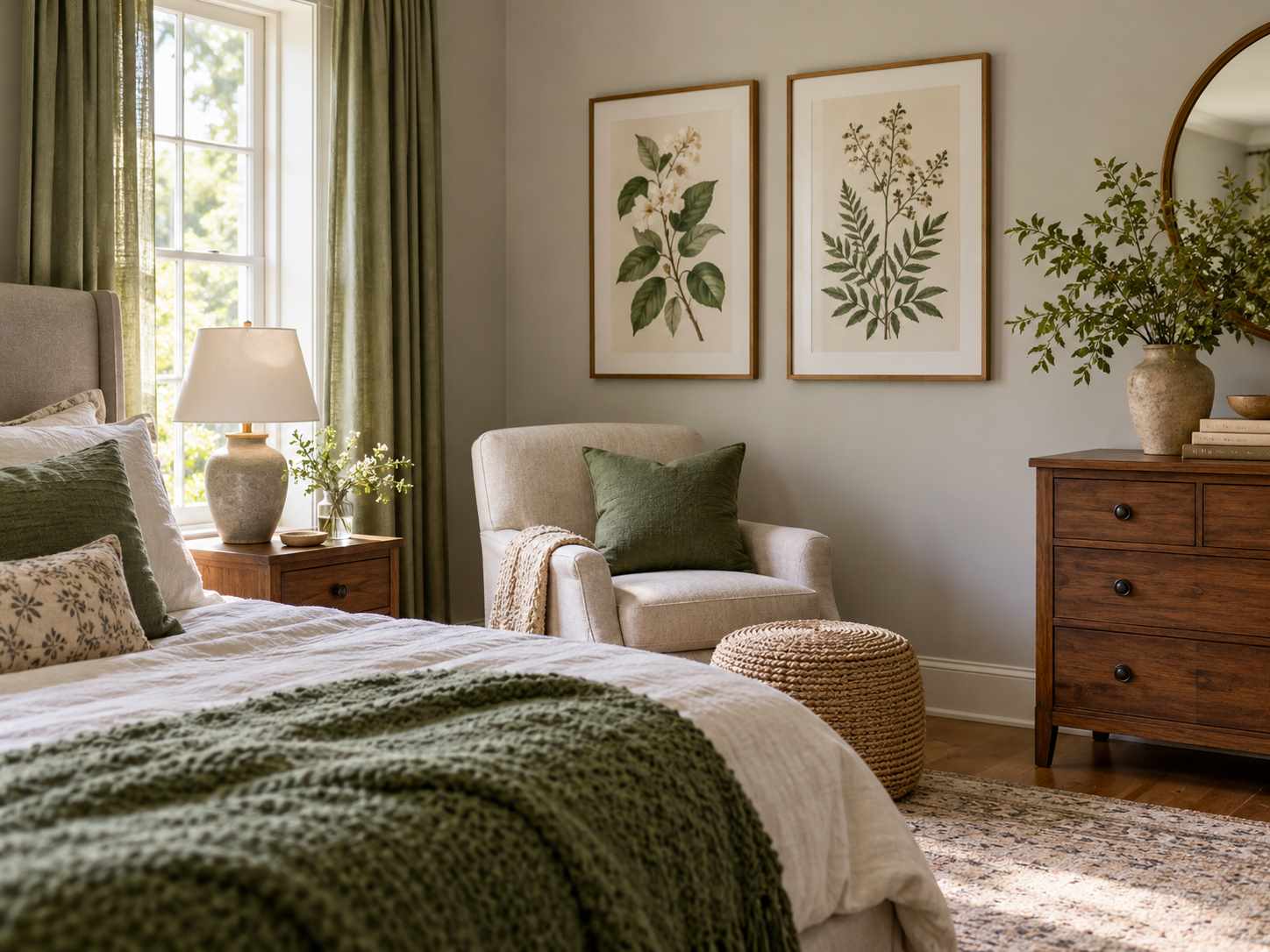 Botanical print pair on a bedroom side wall