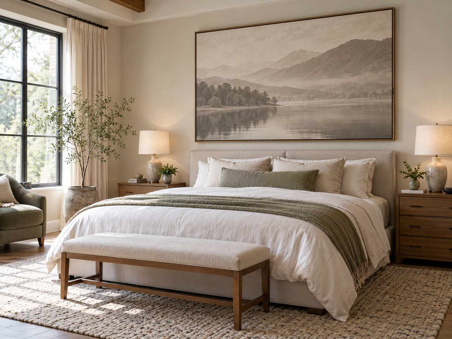 Large tonal landscape print in a calm bedroom