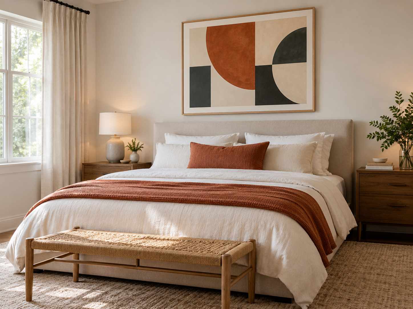 Geometric print providing structure in a plain bedroom