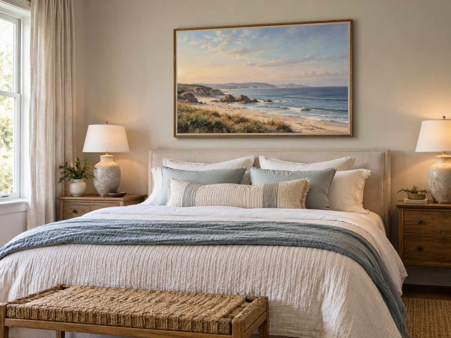 Quiet coastal landscape above bedroom furniture