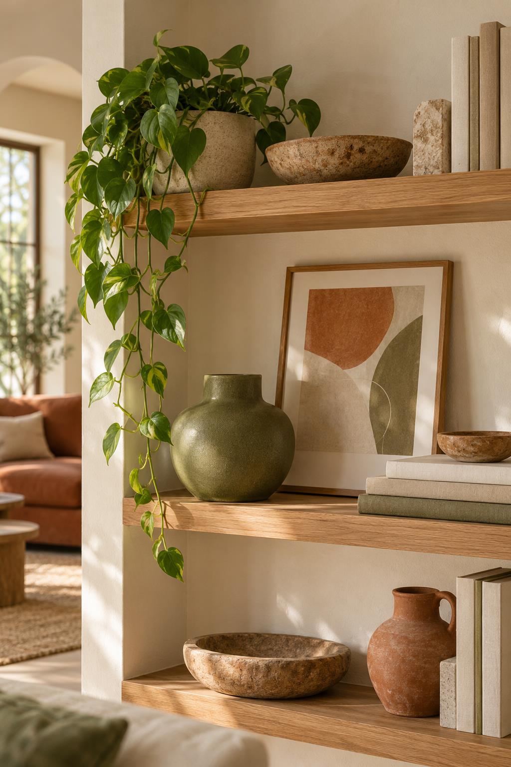How to Style Open Shelves with Books, Pottery, and Space
